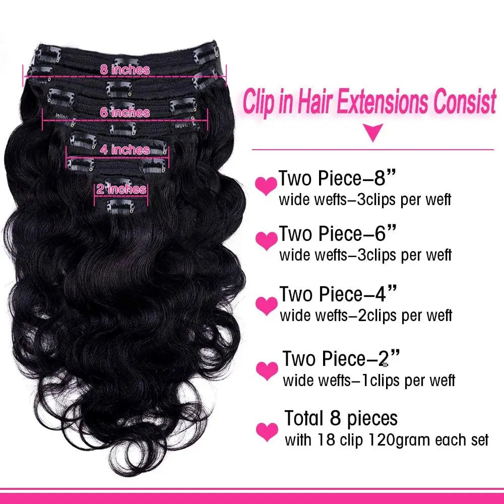 Clip in Body Wave Hair Extensions for Black Women 100% Unprocessed Virgin Human Hair Clip in Extensions #1B Natural Black Color