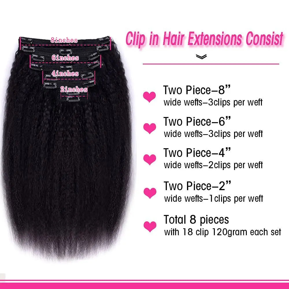 Kinky Straight Clip In Hair Extensions 120G 8Pcs/Set Full Head Natural Black Hair Brazilian 100% Unprocessed Human Hair 26 Inch