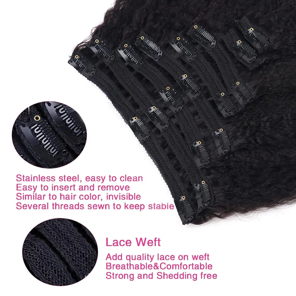 Kinky Straight Clip In Hair Extensions 120G 8Pcs/Set Full Head Natural Black Hair Brazilian 100% Unprocessed Human Hair 26 Inch