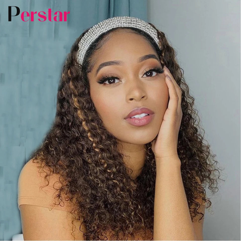 Perstar Human Hair Headband Wigs for Black Woman Human Hair Water Curly Headband Wigs Malaysian Highlight Wigs Honey Blonde Wig