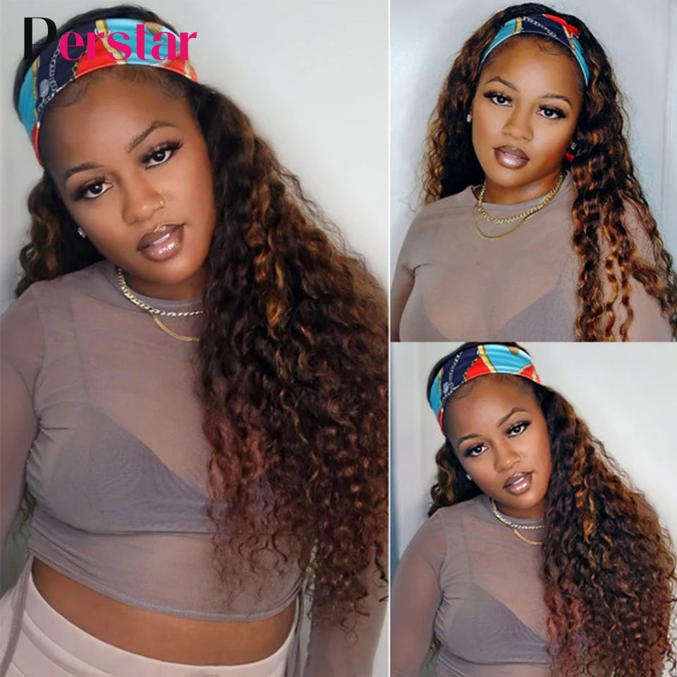 Perstar Human Hair Headband Wigs for Black Woman Human Hair Water Curly Headband Wigs Malaysian Highlight Wigs Honey Blonde Wig