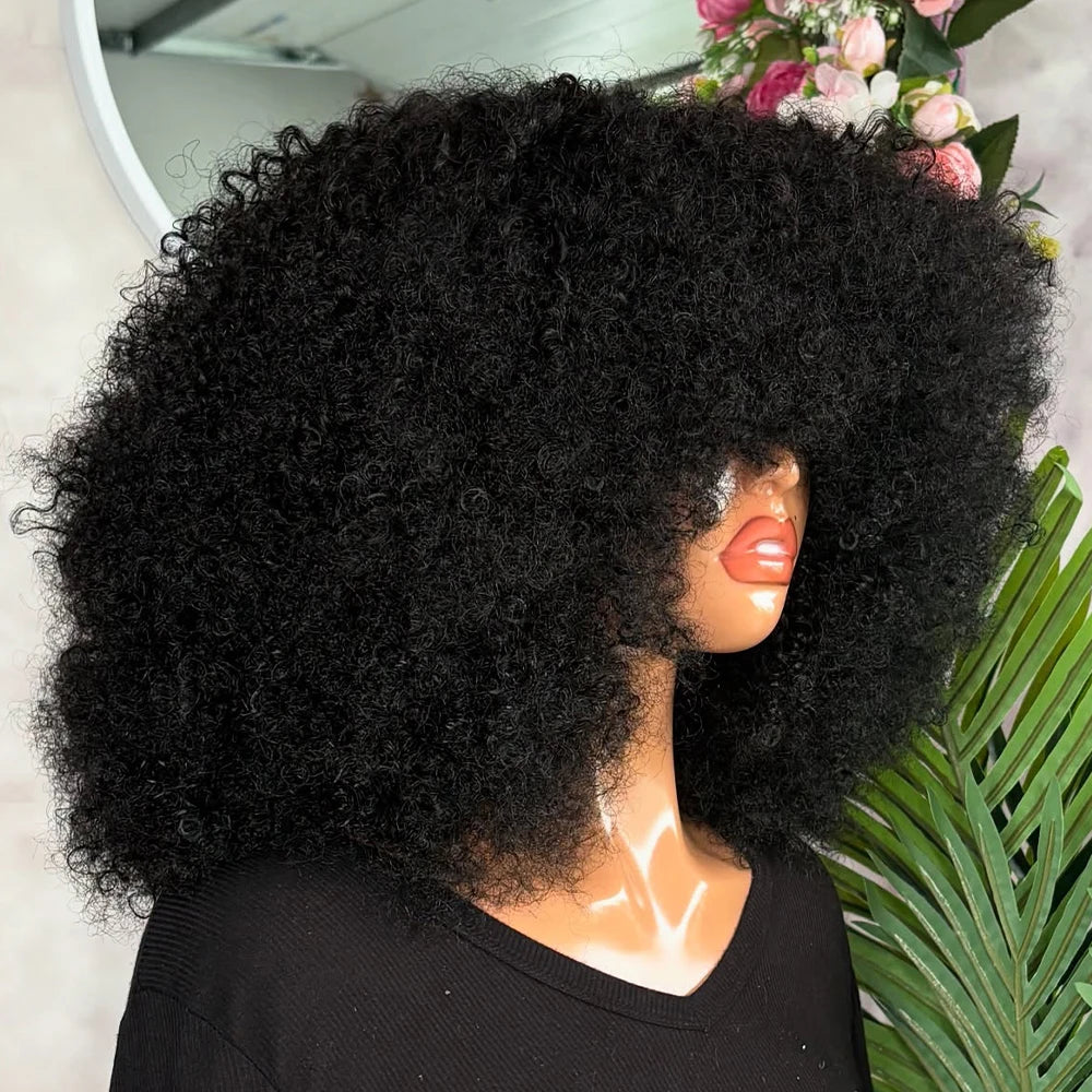 Yaam Afro Kinky Curly Wig with Bang Human Hair 400 Density