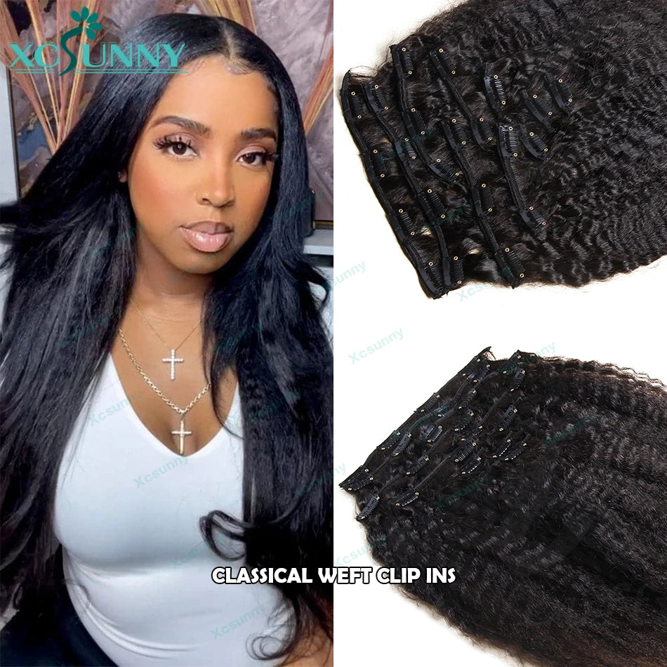 Seamless PU Clip In Hair Extensions Kinky Straight Burmese Classical Weft Clip Ins Human Hair Extensions For Black Women