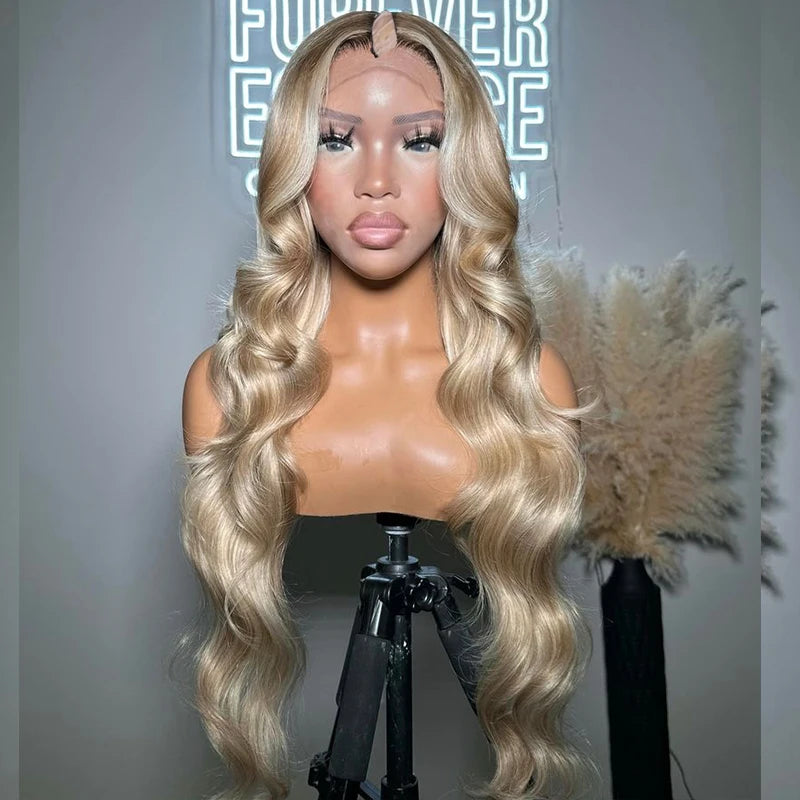 Long Indian 100% Human Hair Bayalage Blonde 1x4 u Part Wigs for Black Women Glueless Full Ends Platinum Blonde V Part Wigs