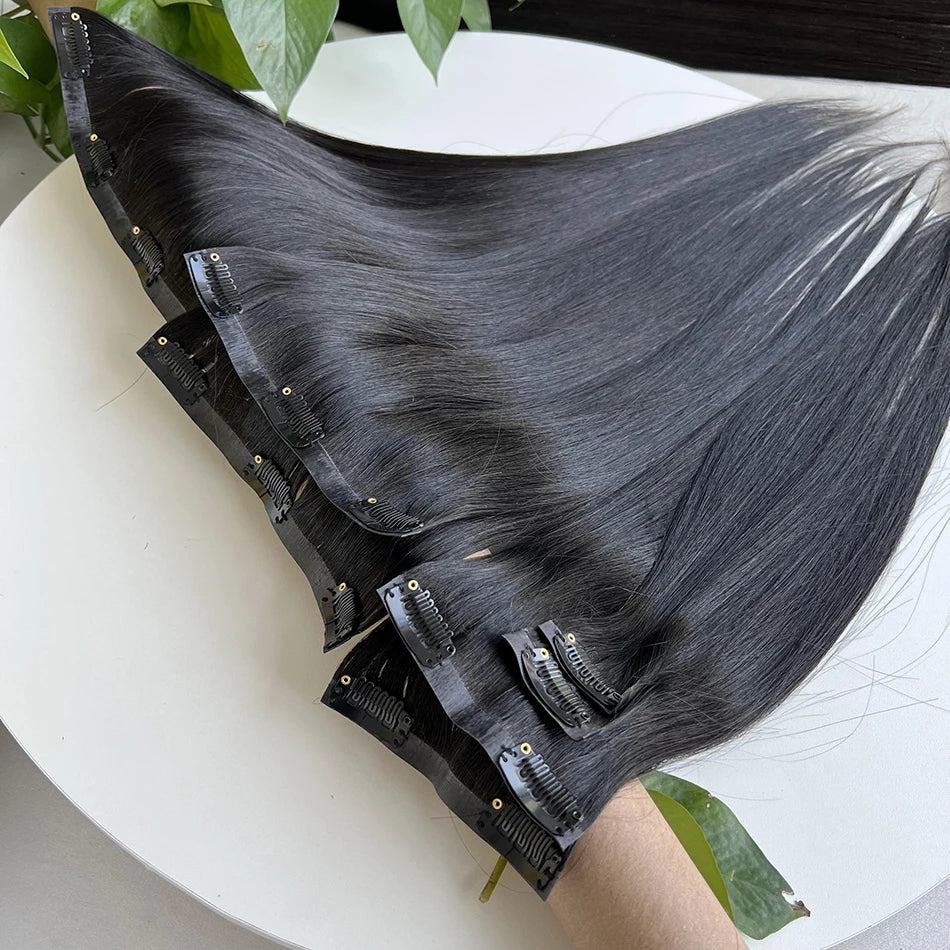 Raw Unprocessed 100g 7Pcs/Set Seamless Clips in #1B Natural Color Human Hair Extensions Long PU Weft Invisible Straight Hair
