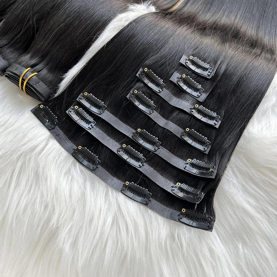 Raw Unprocessed 100g 7Pcs/Set Seamless Clips in #1B Natural Color Human Hair Extensions Long PU Weft Invisible Straight Hair