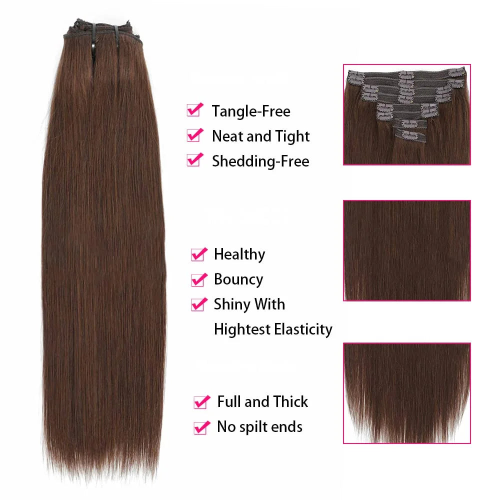 Clip in Hair Extensions Real Human Hair Straight 100% Brazilian Remy Human Hair Clip on Chocolate Brown 10-26 inch For Women