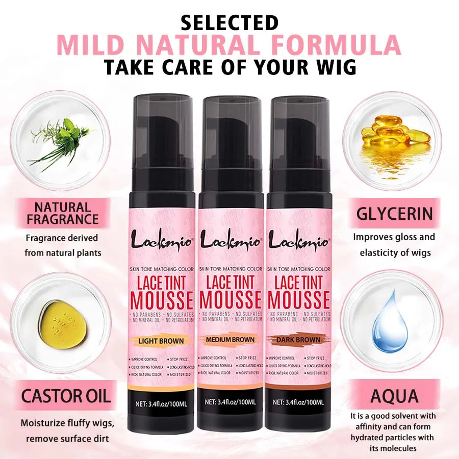 LOCKMIO Natural Lace Tint Spray Dyed Foam Mousse for Women 100ML Wigs Mesh Skin-fitting Invisible Colorant Cosplay Wig Dye Mist