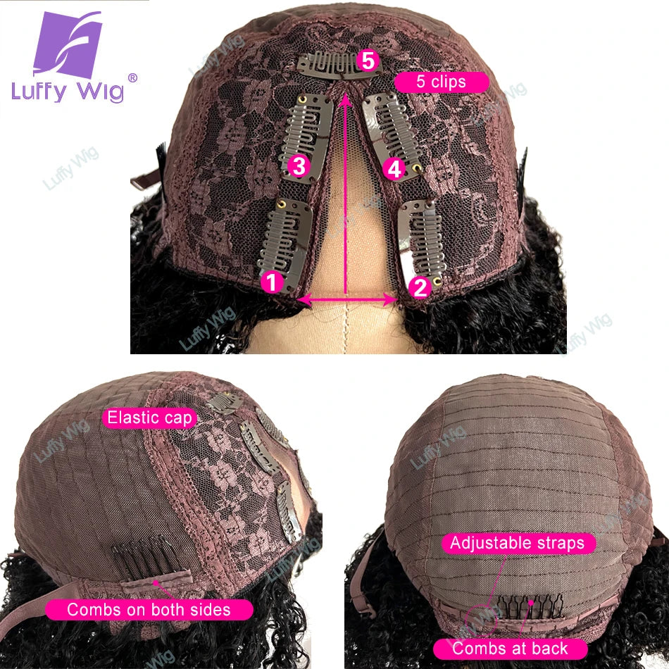 Afro Kinky Curly V Part Human Hair Wigs Brazilian Remy Minimal Leave Out Short VPart Bob Wig Glueless Coily U Part Wig LUFFY