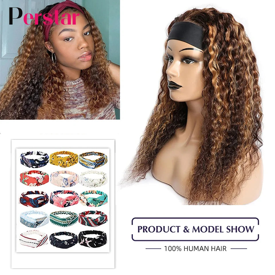 Perstar Human Hair Headband Wigs for Black Woman Human Hair Water Curly Headband Wigs Malaysian Highlight Wigs Honey Blonde Wig