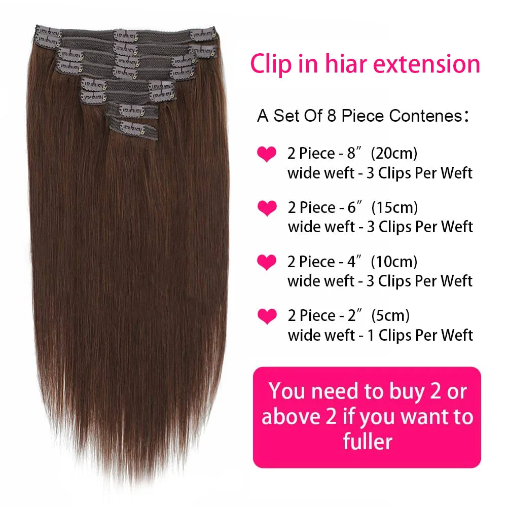 Clip in Hair Extensions Real Human Hair Straight 100% Brazilian Remy Human Hair Clip on Chocolate Brown 10-26 inch For Women
