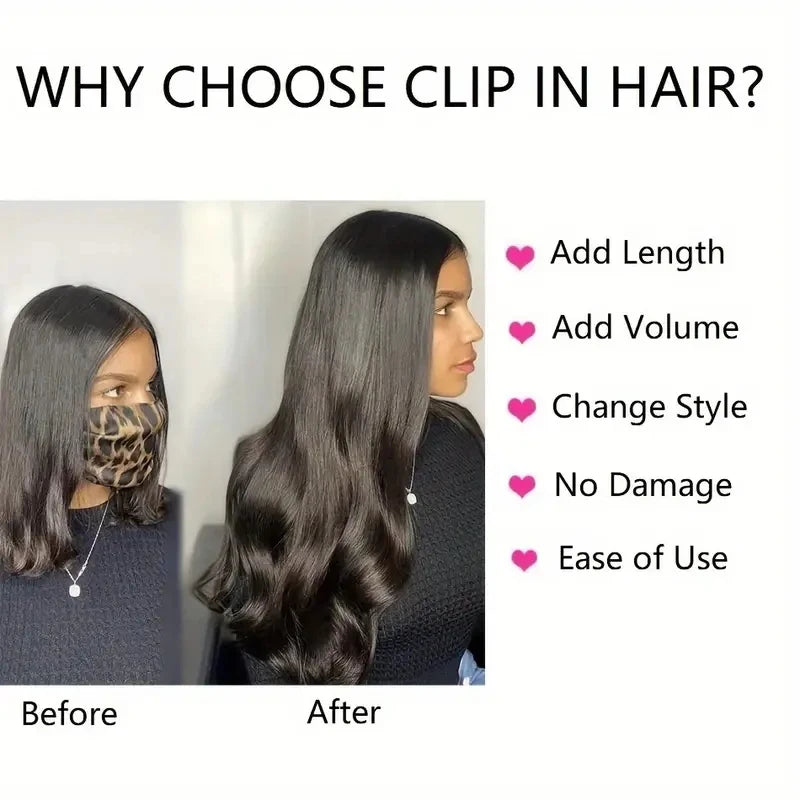 Clip in Body Wave Hair Extensions for Black Women 100% Unprocessed Virgin Human Hair Clip in Extensions #1B Natural Black Color