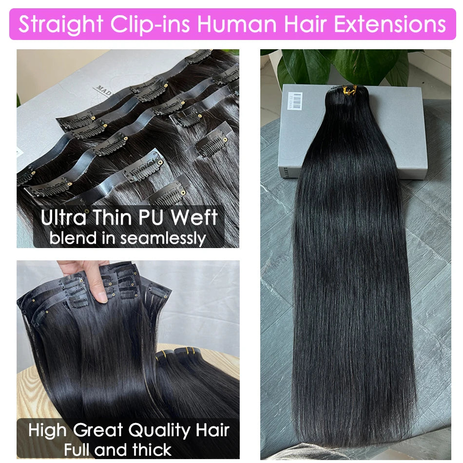 Raw Unprocessed 100g 7Pcs/Set Seamless Clips in #1B Natural Color Human Hair Extensions Long PU Weft Invisible Straight Hair