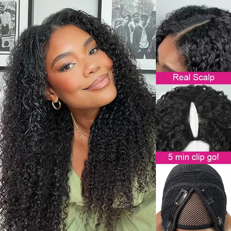 Curly V Part Wig Human Hair 250% Glueless V U Part Human Hair Wigs for Women Brazilian Remy Deep Wave 30 32 34 Inch Wigs on Sale