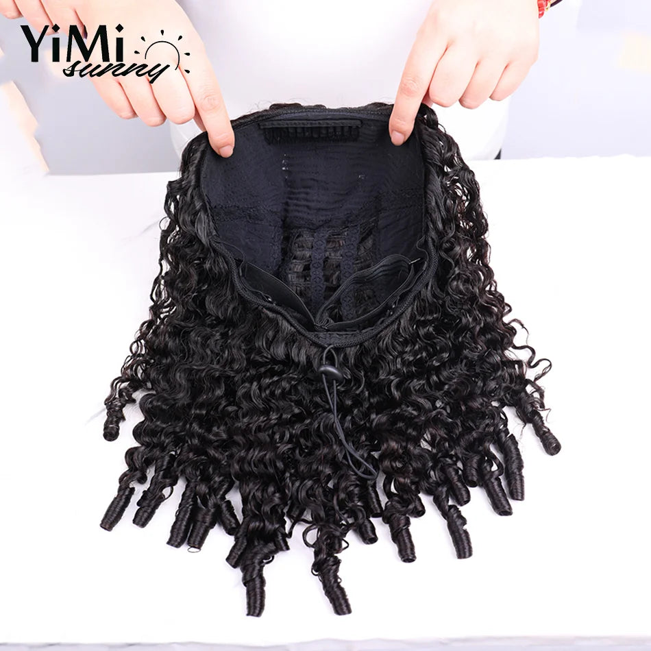 3C 4A Burmese Curly Flip Over Half Human Hair Wigs For Woman 3/4 Invisible Natural Curly 350% Adjustable & Breathable Yimisunny