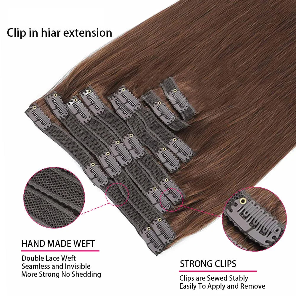 Clip in Hair Extensions Real Human Hair Straight 100% Brazilian Remy Human Hair Clip on Chocolate Brown 10-26 inch For Women