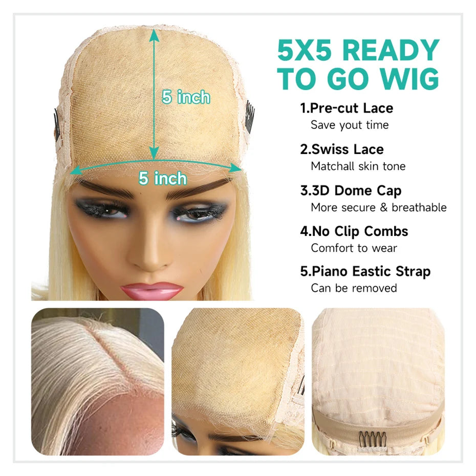 5x5 13x4 13x6 613 Blonde Bob Hair Wig Human Hair Lace Frontal Wig Brazilian Straight Bob Wig Lace Front Human Hair Wig for Women