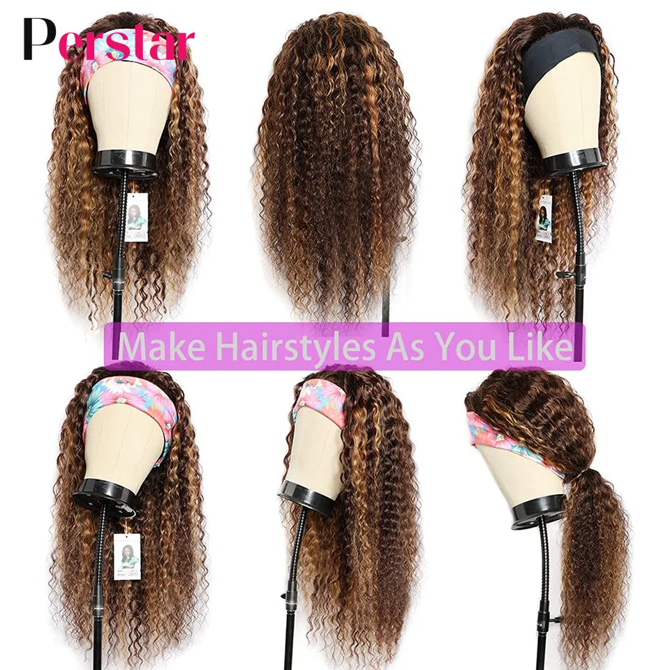 Perstar Human Hair Headband Wigs for Black Woman Human Hair Water Curly Headband Wigs Malaysian Highlight Wigs Honey Blonde Wig