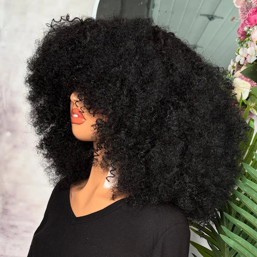 Yaam Afro Kinky Curly Wig with Bang Human Hair 400 Density