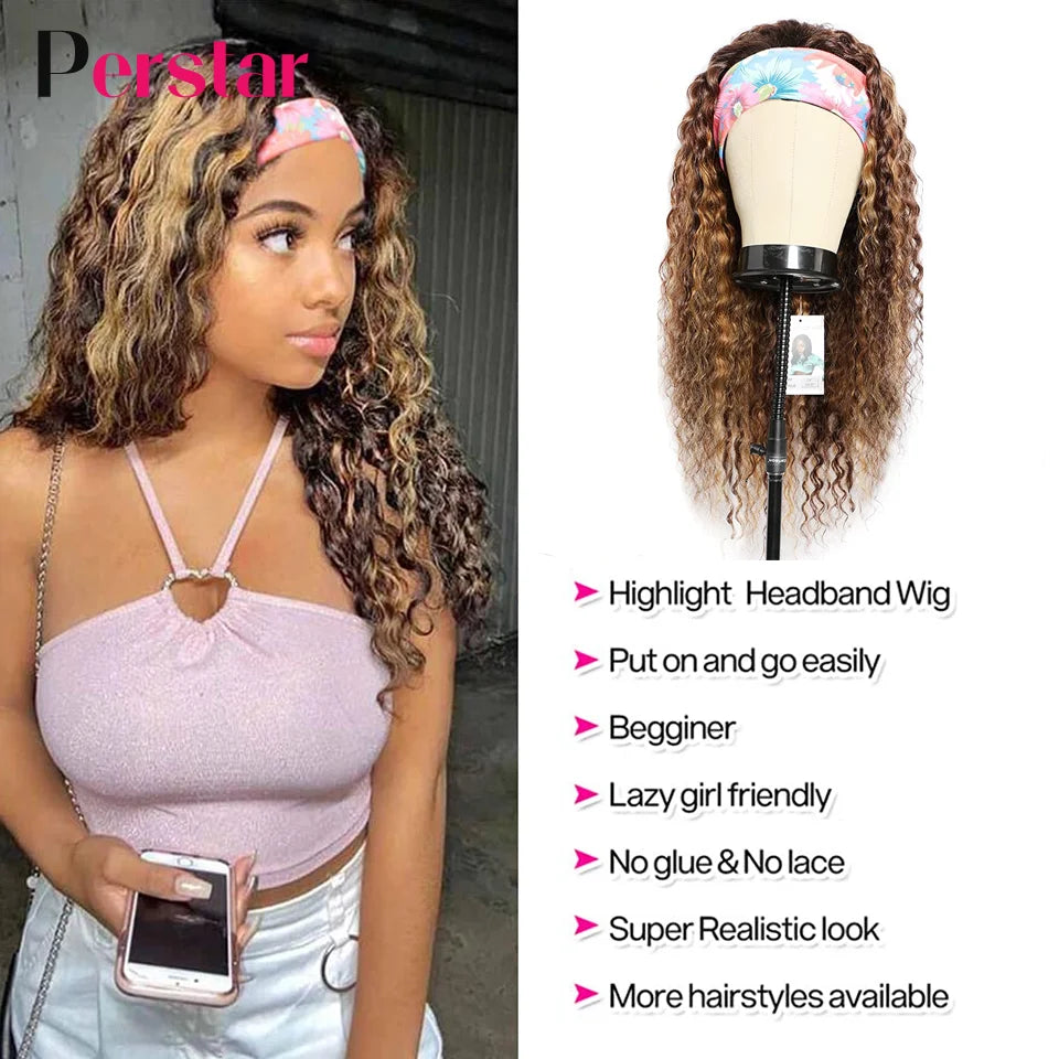 Perstar Human Hair Headband Wigs for Black Woman Human Hair Water Curly Headband Wigs Malaysian Highlight Wigs Honey Blonde Wig