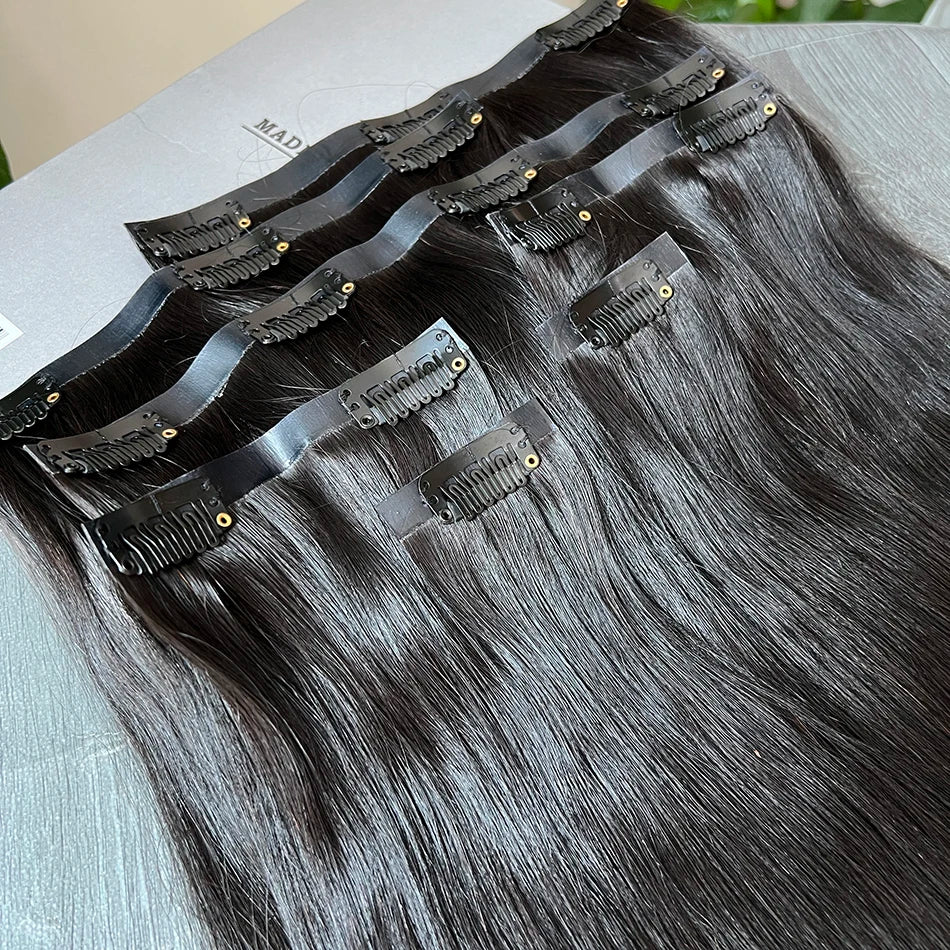 Raw Unprocessed 100g 7Pcs/Set Seamless Clips in #1B Natural Color Human Hair Extensions Long PU Weft Invisible Straight Hair