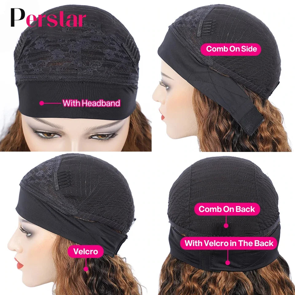 Perstar Human Hair Headband Wigs for Black Woman Human Hair Water Curly Headband Wigs Malaysian Highlight Wigs Honey Blonde Wig