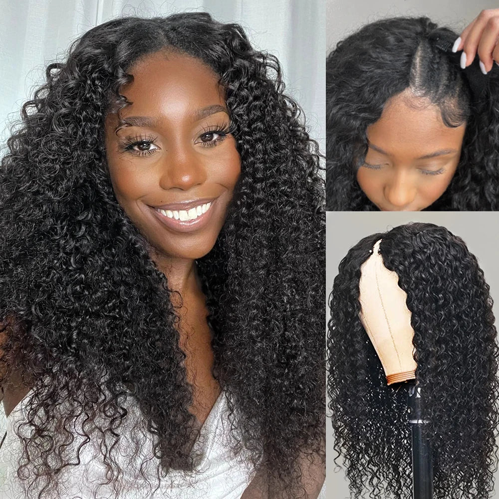 Curly V Part Wig Human Hair 250% Glueless V U Part Human Hair Wigs for Women Brazilian Remy Deep Wave 30 32 34 Inch Wigs on Sale